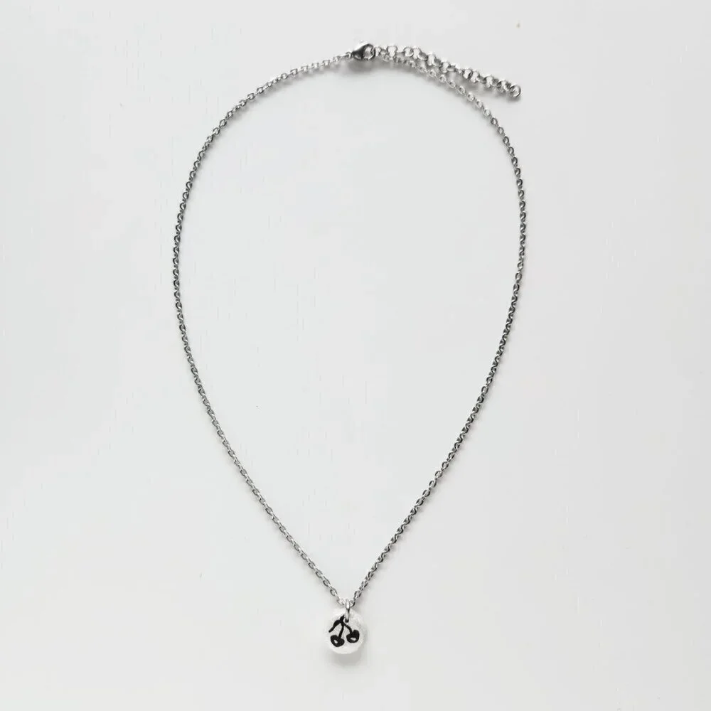 Dainty mini black cherry necklace with a small silver chain - Picture 6 of 14